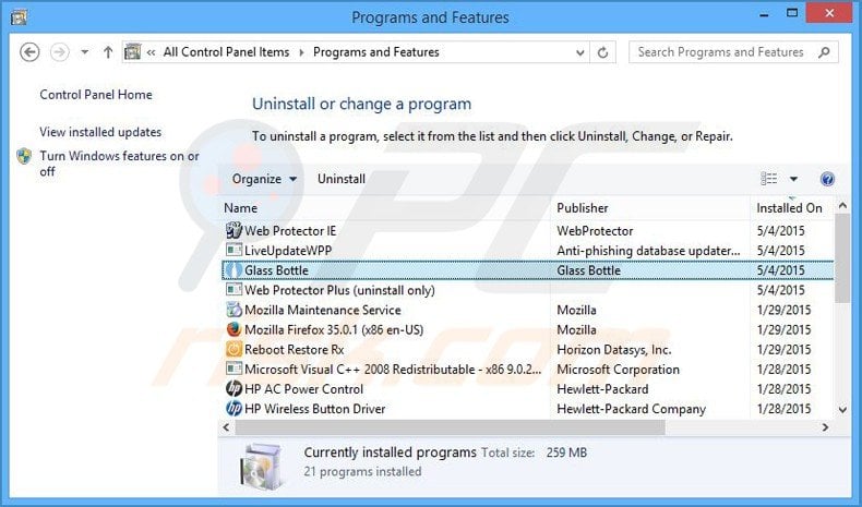 glass bottle adware uninstall via Control Panel