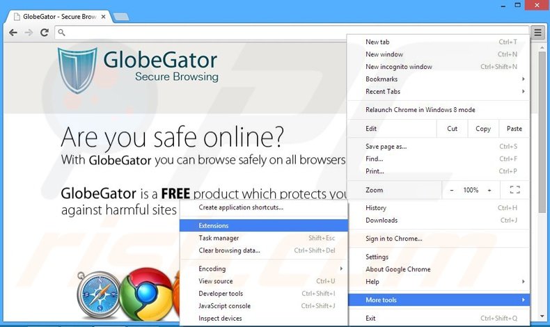 Removing GlobeGator ads from Google Chrome step 1