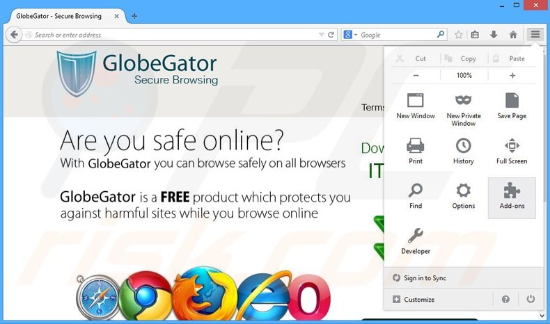 Removing GlobeGator ads from Mozilla Firefox step 1
