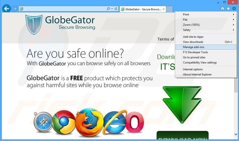 Removing GlobeGator ads from Internet Explorer step 1
