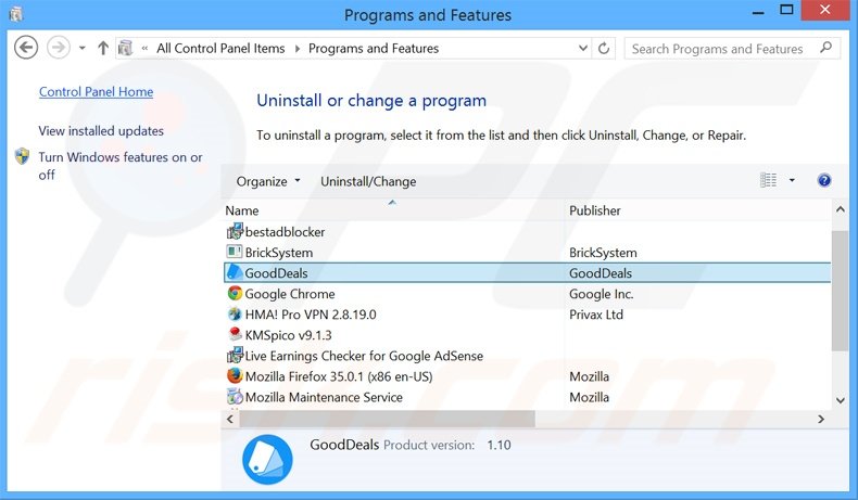 GoodDeals adware uninstall via Control Panel