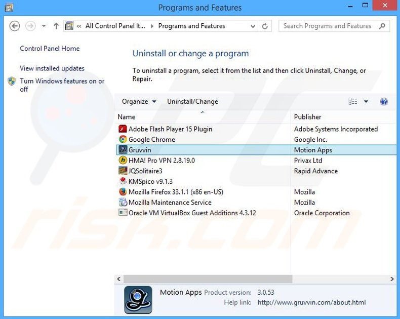 Gruuvin adware uninstall via Control Panel