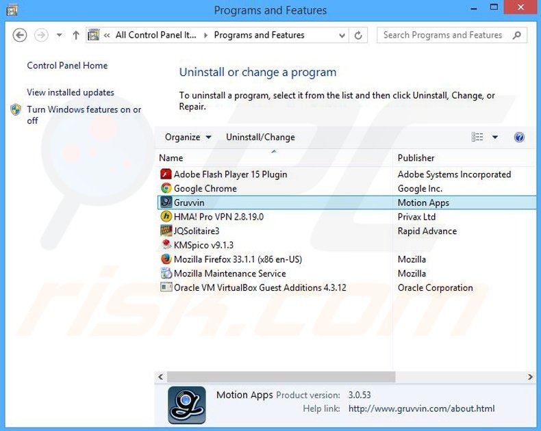 Gruuvin adware uninstall via Control Panel