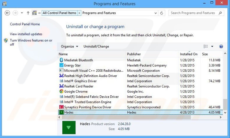 Hades adware uninstall via Control Panel