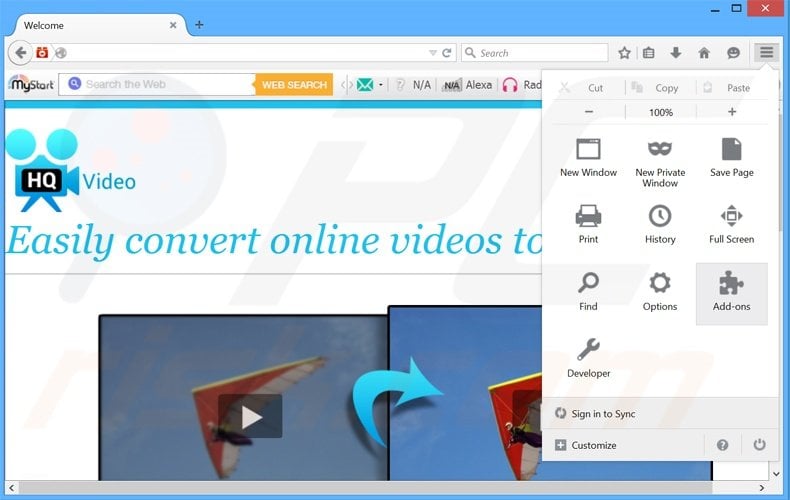 Removing HQ Video Pro ads from Mozilla Firefox step 1