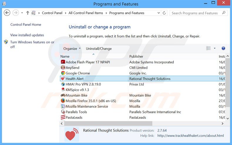 health alert adware uninstall via Control Panel
