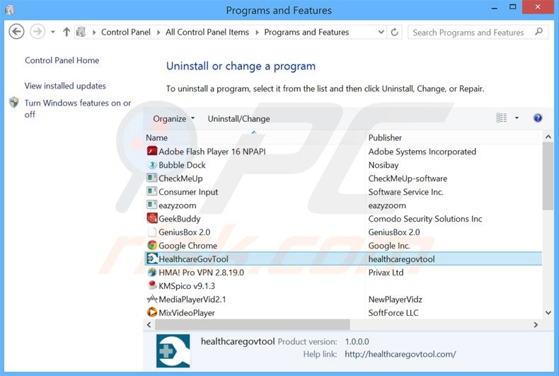 healthcaregov adware uninstall via Control Panel