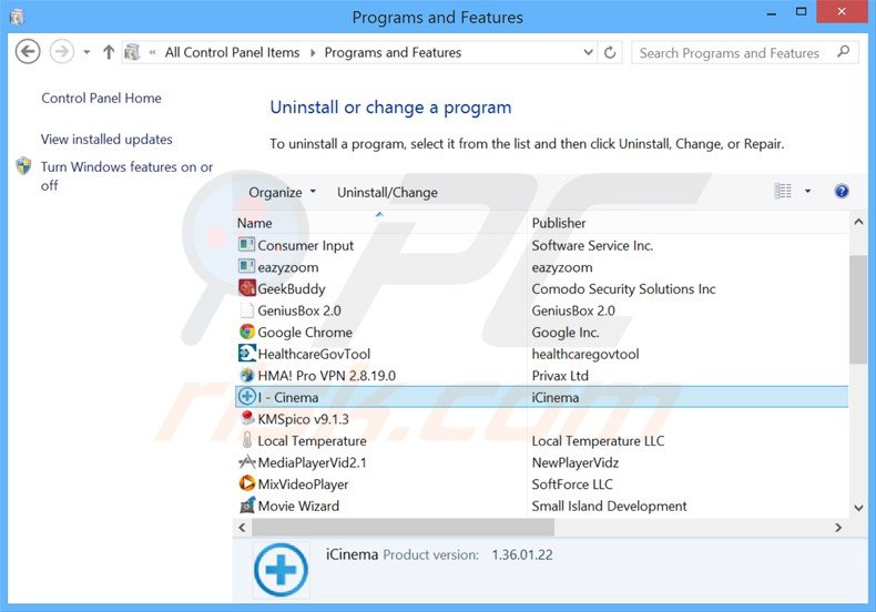 i-cinema adware uninstall via Control Panel