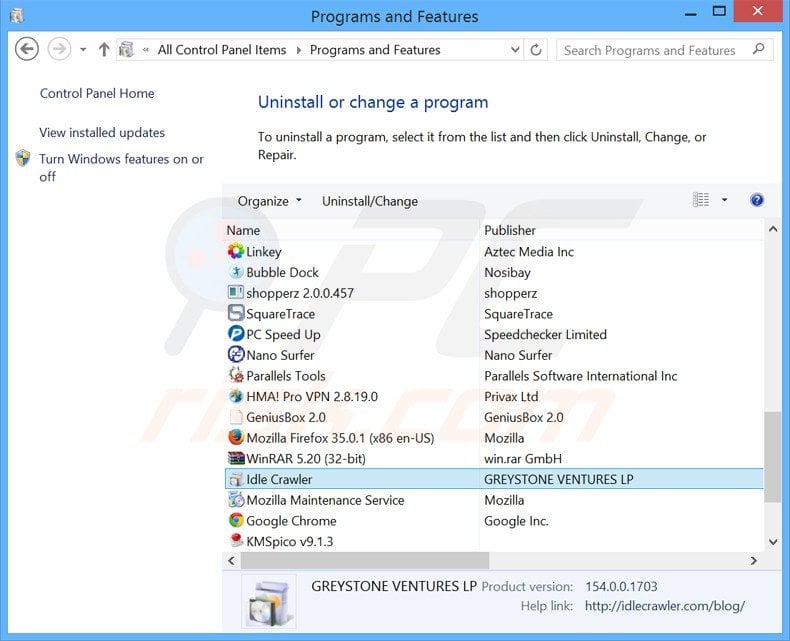 idle crawler adware uninstall via Control Panel