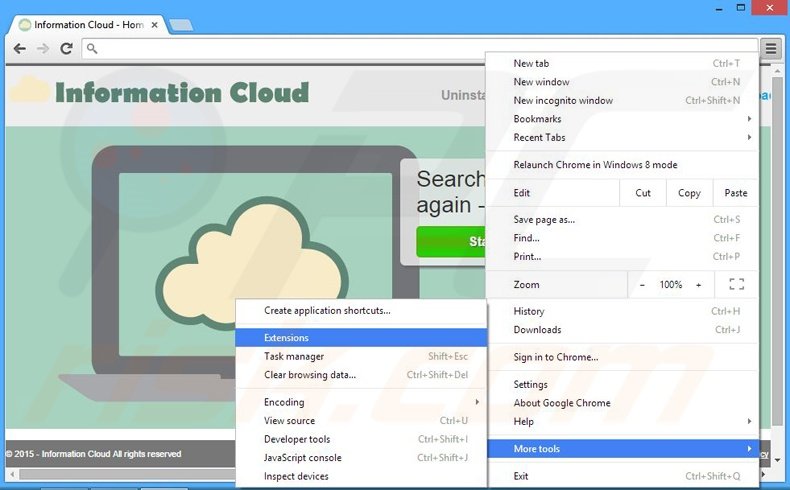 Removing Information Cloud ads from Google Chrome step 1