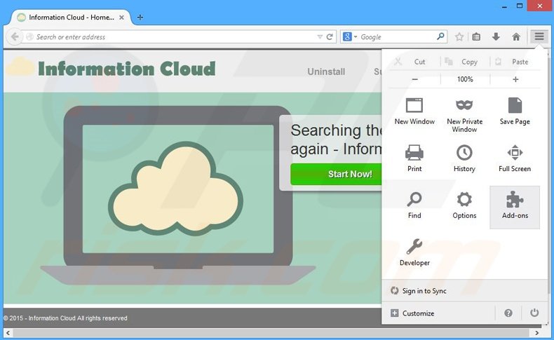 Removing Information Cloud ads from Mozilla Firefox step 1