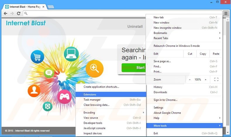 Removing Internet Blast ads from Google Chrome step 1