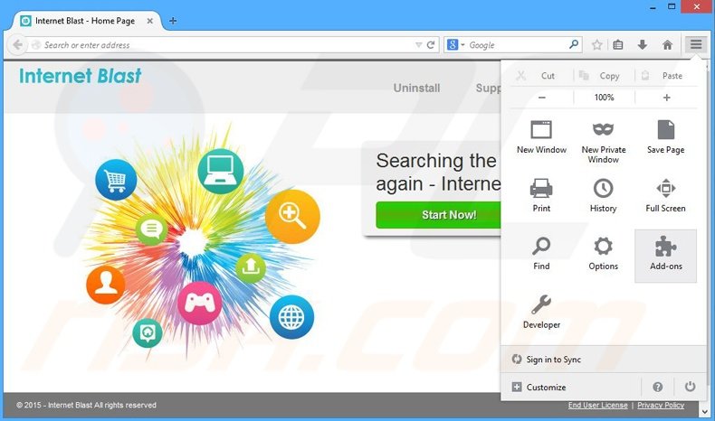 Removing Internet Blast ads from Mozilla Firefox step 1