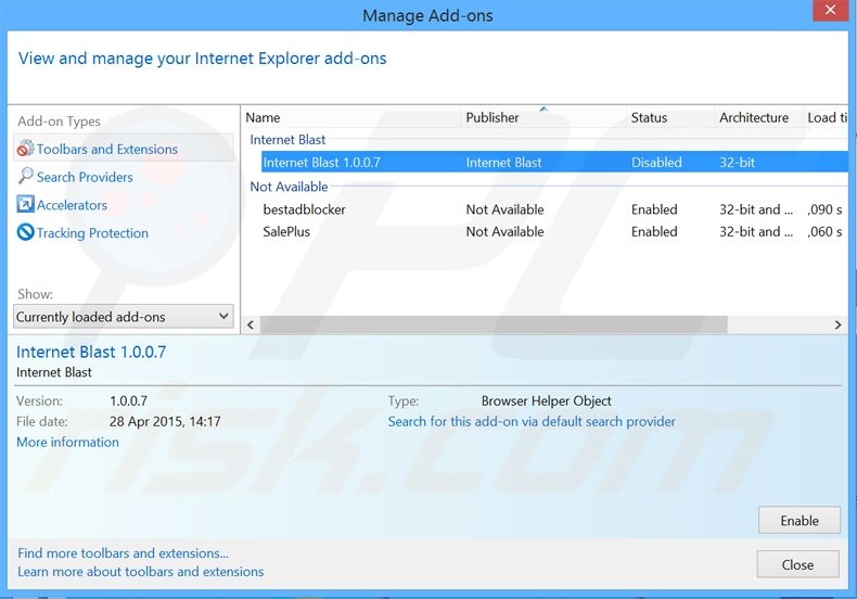 Removing Internet Blast ads from Internet Explorer step 2