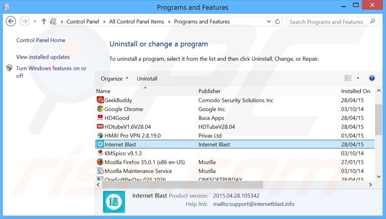 Internet Blast adware uninstall via Control Panel