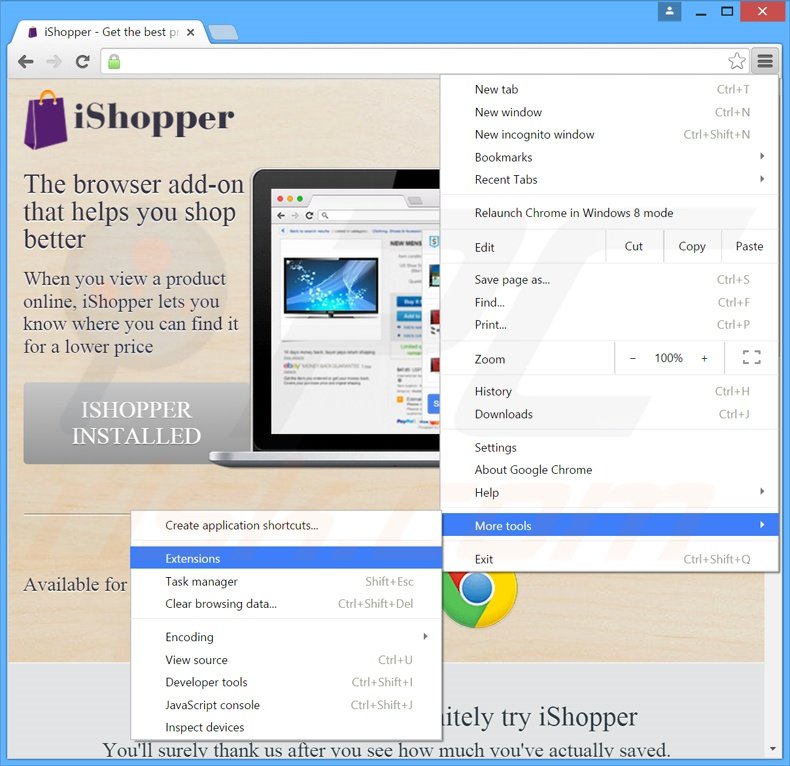 Removing iShopper  ads from Google Chrome step 1
