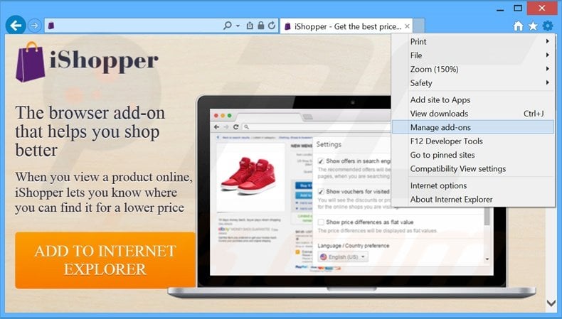 Removing iShopper ads from Internet Explorer step 1