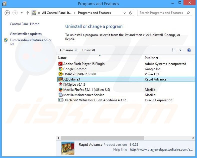 Jewel Quest Solitaire adware uninstall via Control Panel