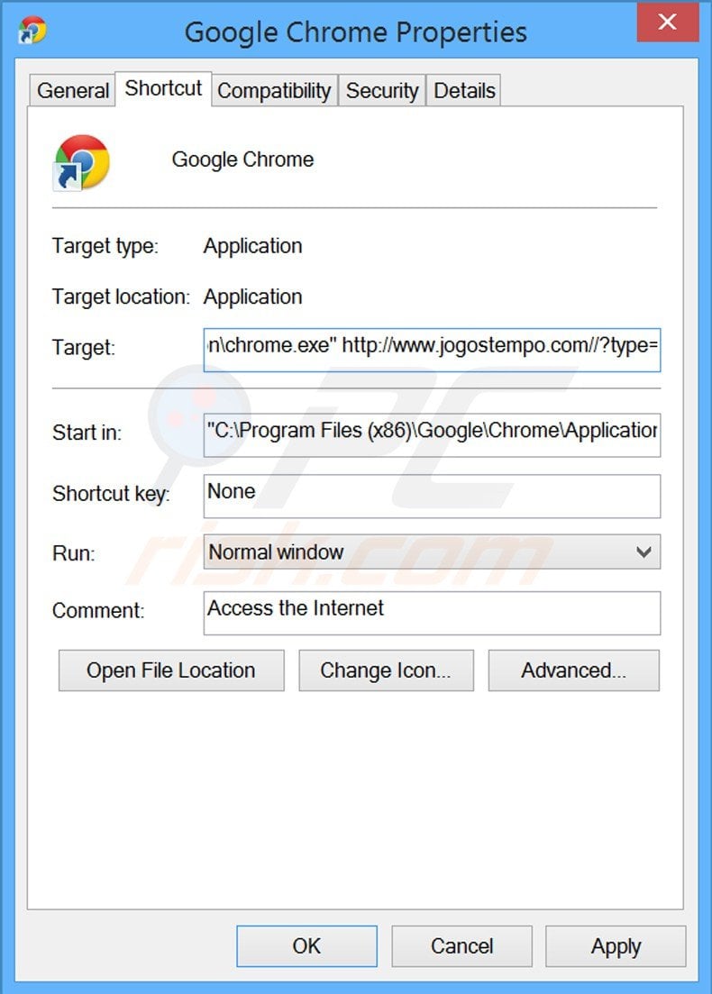 Removing jogostempo.com from Google Chrome shortcut target step 2