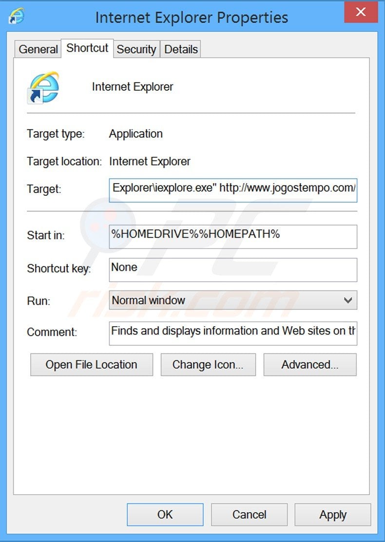Removing jogostempo.com from Internet Explorer shortcut target step 2