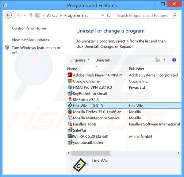 LinkWiz adware uninstall via Control Panel