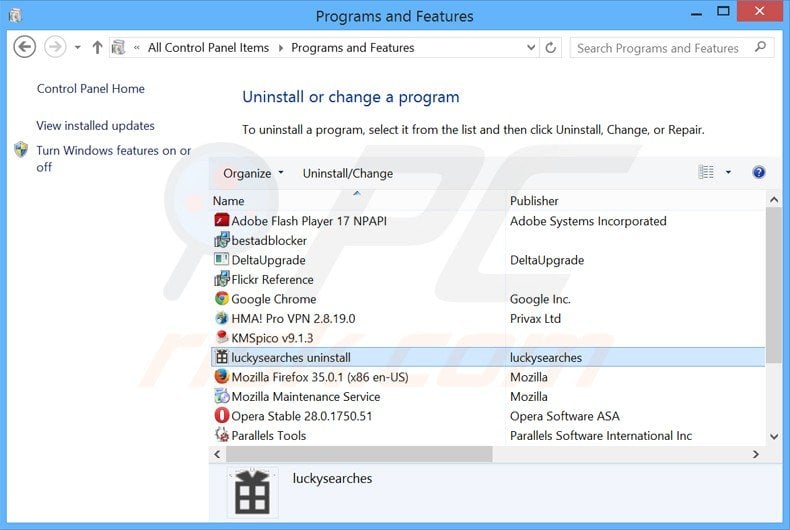 luckysearches.com browser hijacker uninstall via Control Panel