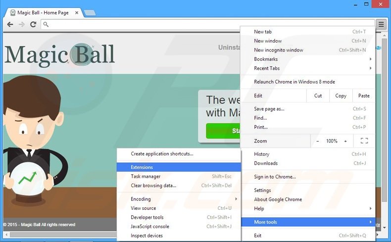 Removing Magic Ball ads from Google Chrome step 1