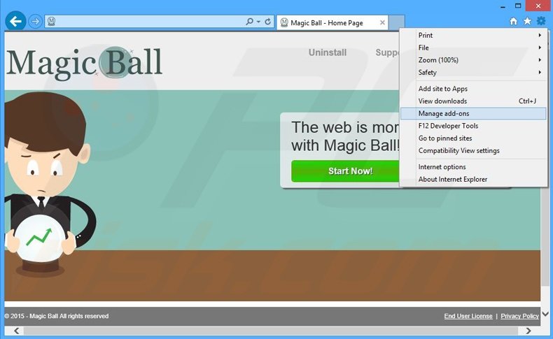 Removing Magic Ball ads from Internet Explorer step 1
