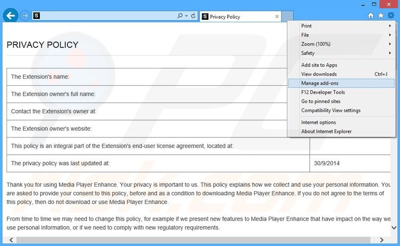 Removing MediaPlayerRS ads from Internet Explorer step 1