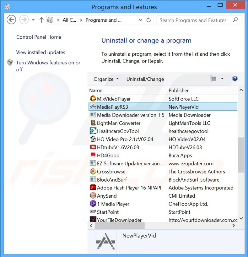 MediaPlayerRS adware uninstall via Control Panel