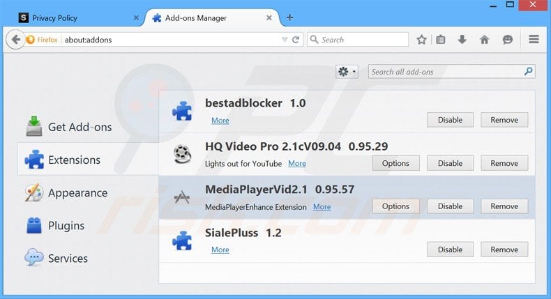 Removing mediaplayervid ads from Mozilla Firefox step 2
