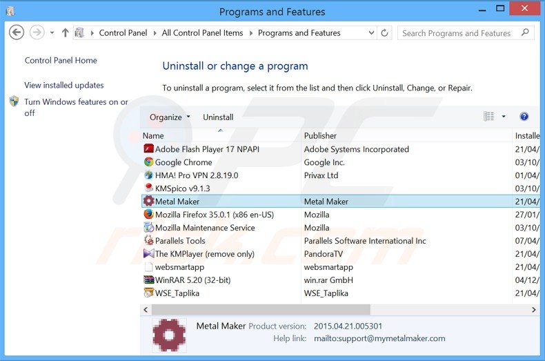 metal maker adware uninstall via Control Panel