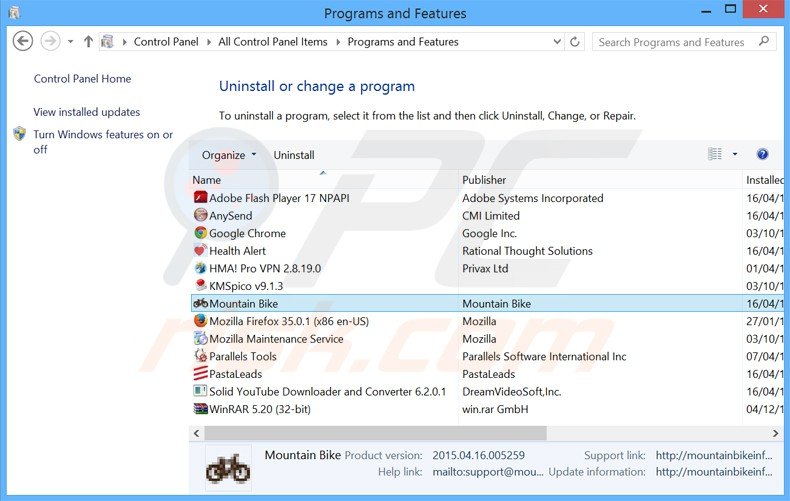 mountain bike adware uninstall via Control Panel