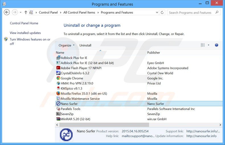 nano surfer adware uninstall via Control Panel