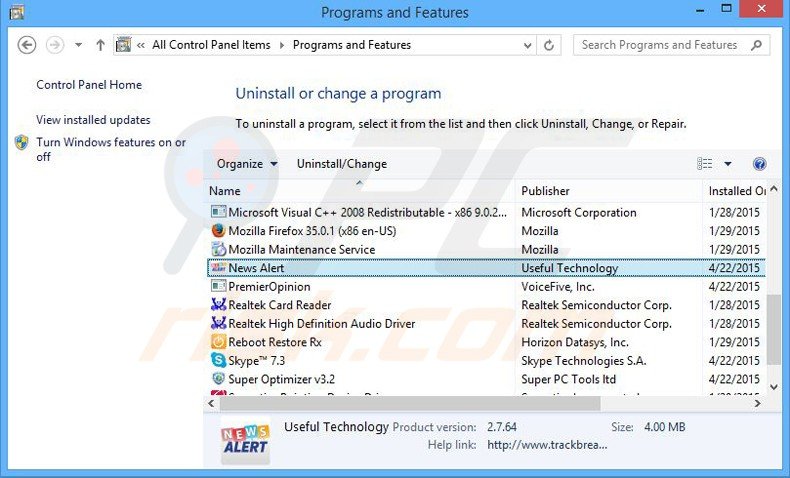 news alert adware uninstall via Control Panel