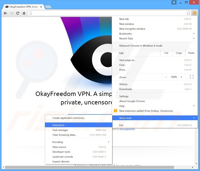 Removing OkayFreedom  ads from Google Chrome step 1