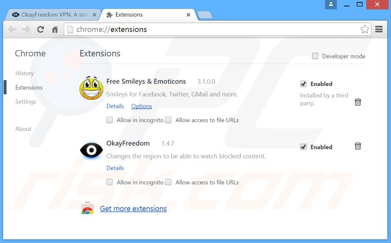 Removing OkayFreedom ads from Google Chrome step 2