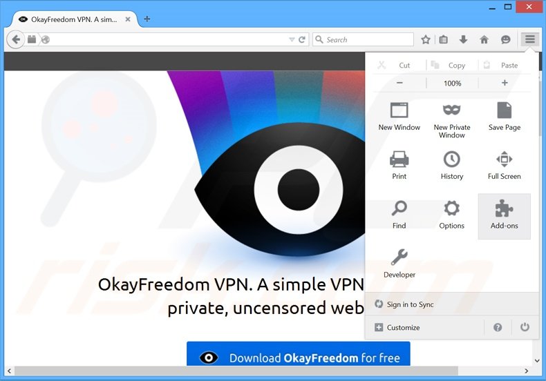 Removing OkayFreedom ads from Mozilla Firefox step 1