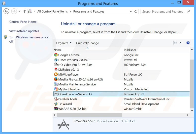 OpenXBrowser adware uninstall via Control Panel