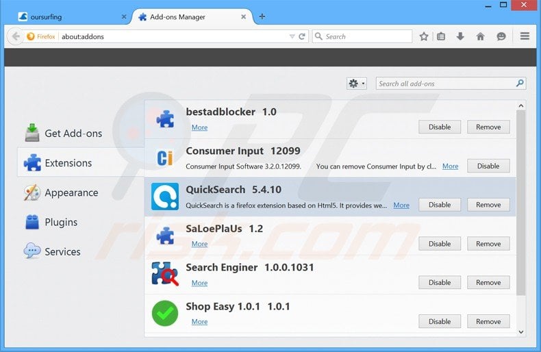 removing oursurfing.com related Mozilla Firefox extensions