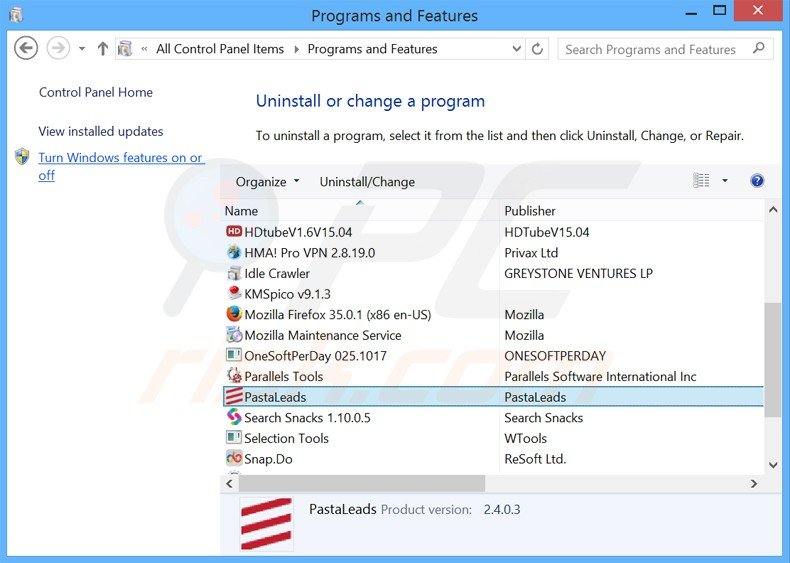 pastaleads adware uninstall via Control Panel