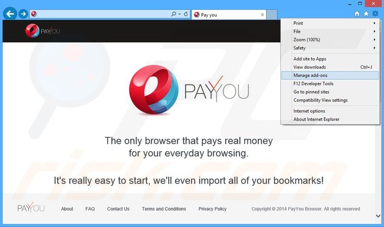 Removing PayYou ads from Internet Explorer step 1