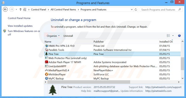 pine tree adware uninstall via Control Panel