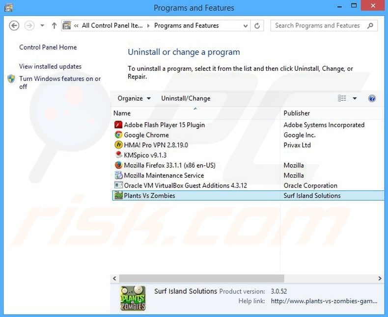 Plants Vs Zombies adware uninstall via Control Panel