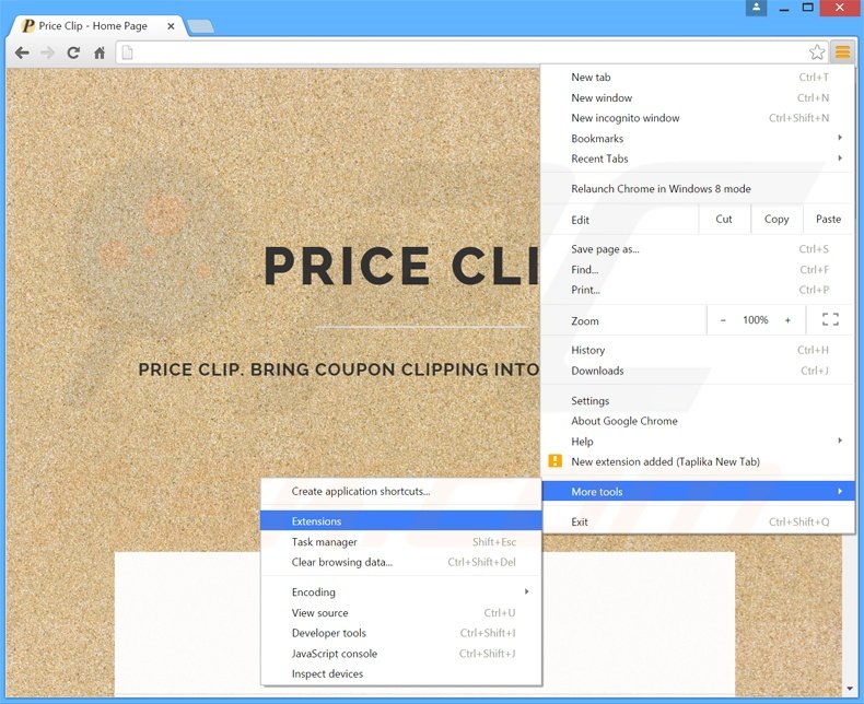 Removing Price Clip  ads from Google Chrome step 1