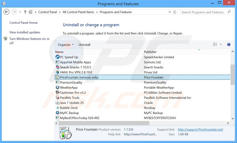 pricefountain adware uninstall via Control Panel