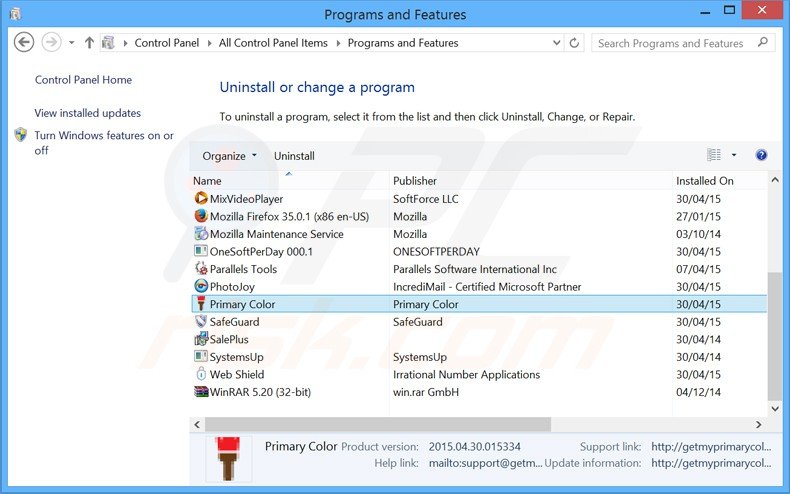 primary color adware uninstall via Control Panel