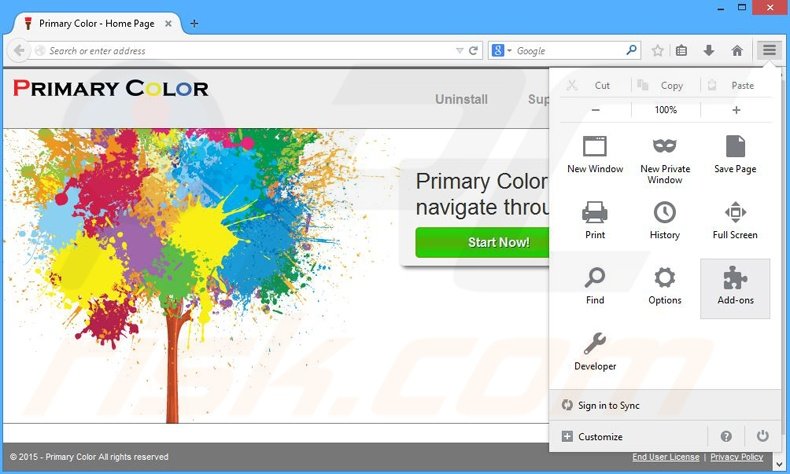Removing Primary Color ads from Mozilla Firefox step 1