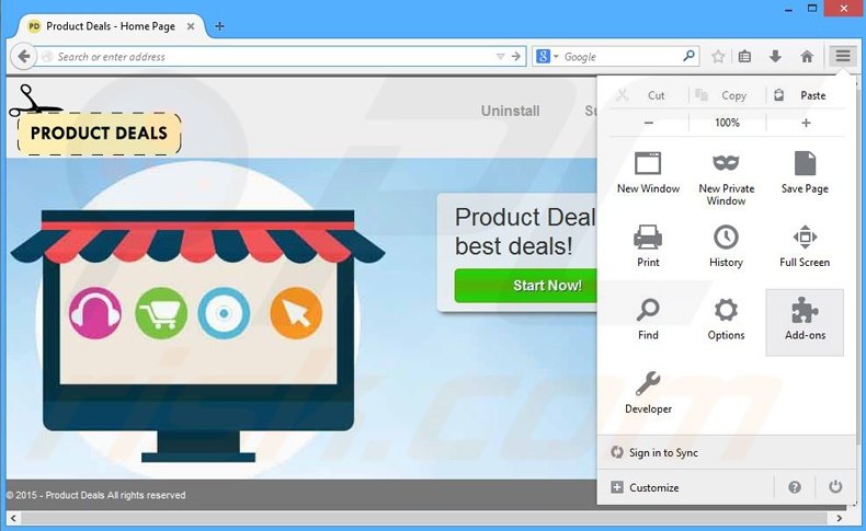 Removing Product Deals ads from Mozilla Firefox step 1