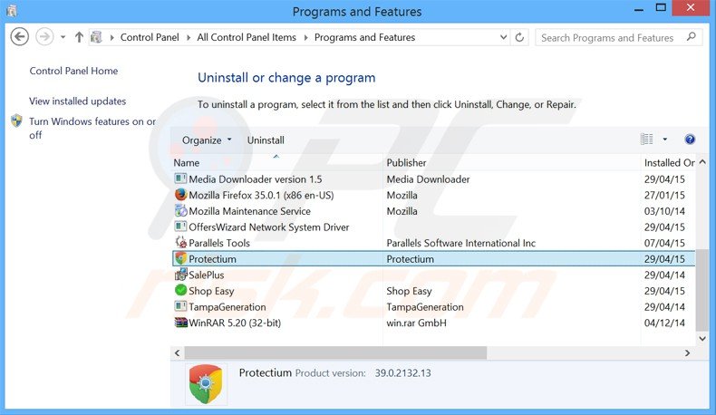 protectium adware uninstall via Control Panel